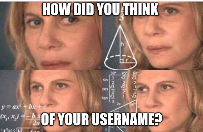 Random thought number 19032932902345678097369 | HOW DID YOU THINK; OF YOUR USERNAME? | image tagged in math lady/confused lady | made w/ Imgflip meme maker