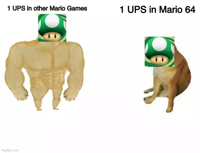 Useless 1 UPS In SM64 | 1 UPS in Mario 64; 1 UPS in other Mario Games | image tagged in buff doge vs cheems,mario,life,memes,mushrooms,luigi | made w/ Imgflip meme maker