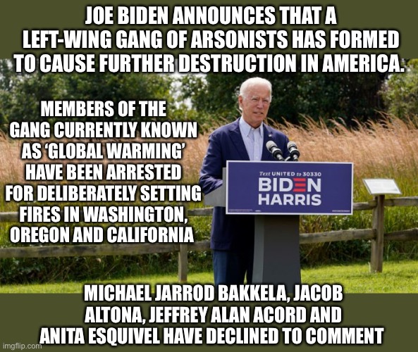 Another Left-Wing Gang | JOE BIDEN ANNOUNCES THAT A LEFT-WING GANG OF ARSONISTS HAS FORMED TO CAUSE FURTHER DESTRUCTION IN AMERICA. MEMBERS OF THE GANG CURRENTLY KNOWN AS ‘GLOBAL WARMING’ HAVE BEEN ARRESTED FOR DELIBERATELY SETTING FIRES IN WASHINGTON, OREGON AND CALIFORNIA; MICHAEL JARROD BAKKELA, JACOB ALTONA, JEFFREY ALAN ACORD AND ANITA ESQUIVEL HAVE DECLINED TO COMMENT | image tagged in global warming,antifa,wildfires | made w/ Imgflip meme maker