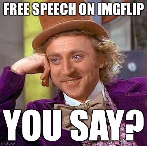 Is there “free speech” on ImgFlip? Well: Yes and no! | FREE SPEECH ON IMGFLIP; YOU SAY? | image tagged in memes,creepy condescending wonka,free speech,freedom of speech,first amendment,imgflip mods | made w/ Imgflip meme maker
