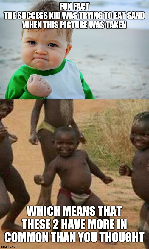 possible conspiricy theory | FUN FACT
THE SUCCESS KID WAS TRYING TO EAT SAND WHEN THIS PICTURE WAS TAKEN; WHICH MEANS THAT THESE 2 HAVE MORE IN COMMON THAN YOU THOUGHT | image tagged in memes,third world success kid,success kid original | made w/ Imgflip meme maker