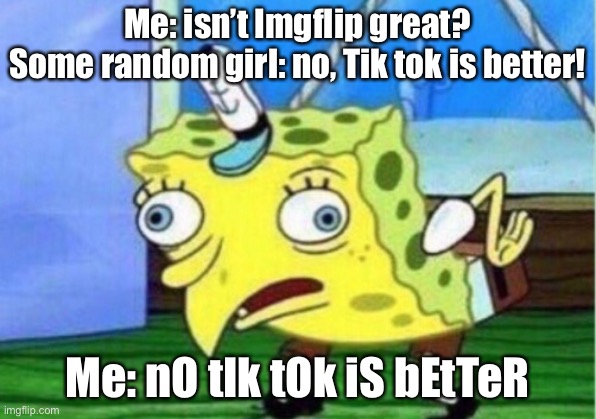 Imgflip is great | Me: isn’t Imgflip great?
Some random girl: no, Tik tok is better! Me: nO tIk tOk iS bEtTeR | image tagged in memes,mocking spongebob | made w/ Imgflip meme maker