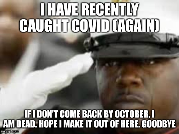 Sad salute | I HAVE RECENTLY CAUGHT COVID (AGAIN); IF I DON’T COME BACK BY OCTOBER, I AM DEAD. HOPE I MAKE IT OUT OF HERE. GOODBYE | image tagged in sad salute | made w/ Imgflip meme maker