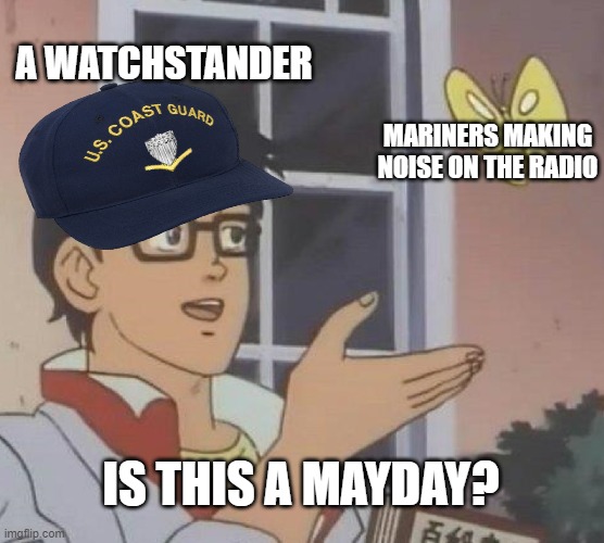 Is This A Pigeon Meme | A WATCHSTANDER; MARINERS MAKING NOISE ON THE RADIO; IS THIS A MAYDAY? | image tagged in memes,is this a pigeon,coast guard,watch | made w/ Imgflip meme maker