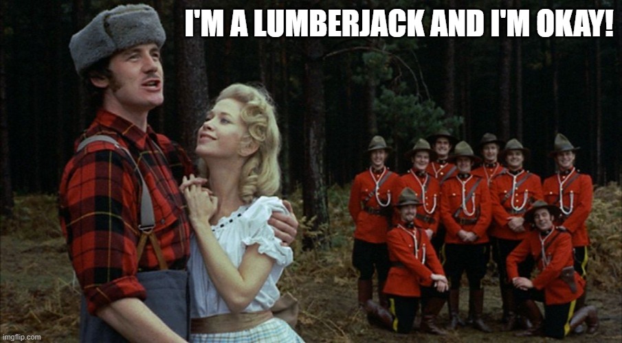 monty python lumberjack | I'M A LUMBERJACK AND I'M OKAY! | image tagged in monty python lumberjack | made w/ Imgflip meme maker