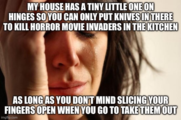 First World Problems Meme | MY HOUSE HAS A TINY LITTLE ONE ON HINGES SO YOU CAN ONLY PUT KNIVES IN THERE TO KILL HORROR MOVIE INVADERS IN THE KITCHEN AS LONG AS YOU DON | image tagged in memes,first world problems | made w/ Imgflip meme maker