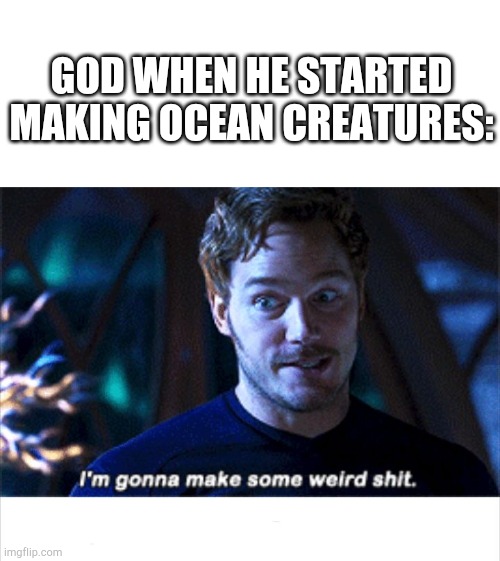 Meme title. | GOD WHEN HE STARTED MAKING OCEAN CREATURES: | image tagged in i'm gonna make some weird s,funny,memes,god | made w/ Imgflip meme maker