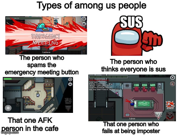AAA | Types of among us people; The person who spams the emergency meeting button; The person who thinks everyone is sus; That one AFK person in the cafe; That one person who fails at being imposter | image tagged in blank white template | made w/ Imgflip meme maker