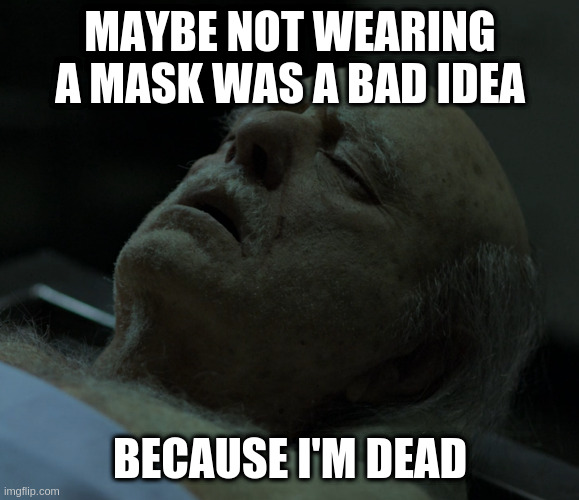 just a thot | MAYBE NOT WEARING A MASK WAS A BAD IDEA; BECAUSE I'M DEAD | image tagged in dead | made w/ Imgflip meme maker