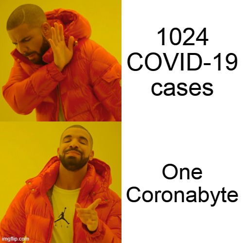 Drake Hotline Bling | 1024 COVID-19 cases; One Coronabyte | image tagged in memes,drake hotline bling | made w/ Imgflip meme maker