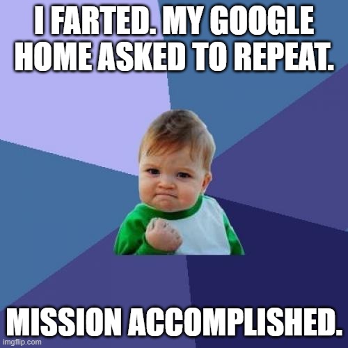 Success Kid Meme | I FARTED. MY GOOGLE HOME ASKED TO REPEAT. MISSION ACCOMPLISHED. | image tagged in memes,success kid | made w/ Imgflip meme maker