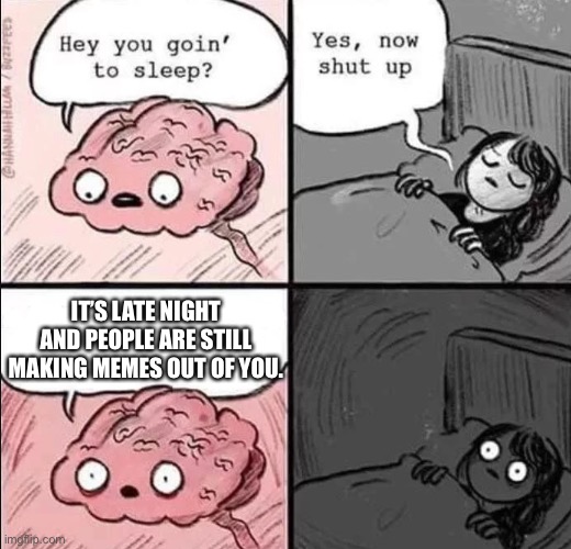 Late night meme making | IT’S LATE NIGHT AND PEOPLE ARE STILL MAKING MEMES OUT OF YOU. | image tagged in waking up brain | made w/ Imgflip meme maker