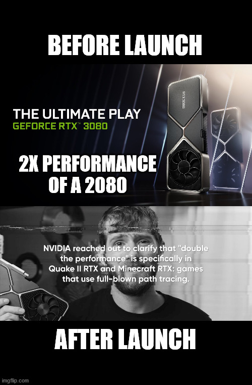 rtx 3080 | BEFORE LAUNCH; 2X PERFORMANCE OF A 2080; AFTER LAUNCH | image tagged in gaming,videogames | made w/ Imgflip meme maker