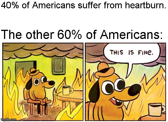Heartburn | 40% of Americans suffer from heartburn. The other 60% of Americans: | image tagged in memes,this is fine | made w/ Imgflip meme maker
