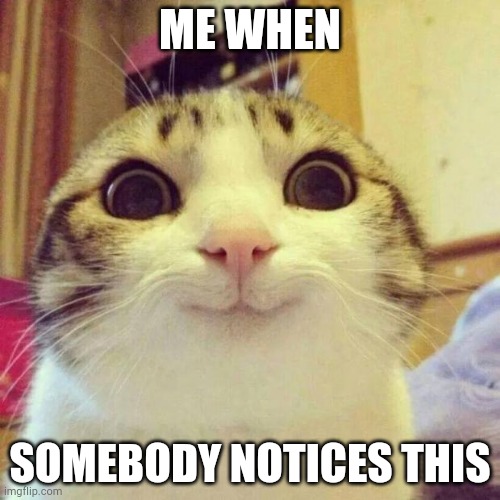 If you notice this | ME WHEN; SOMEBODY NOTICES THIS | image tagged in memes,smiling cat | made w/ Imgflip meme maker