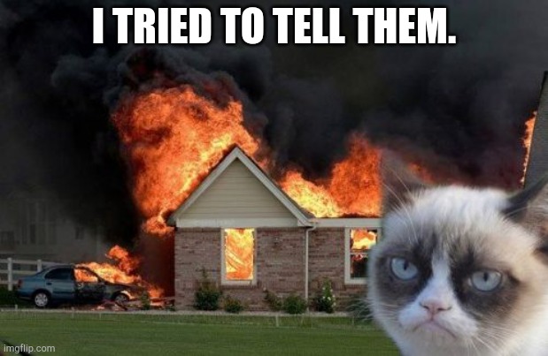 " Meow! " | I TRIED TO TELL THEM. | image tagged in memes,burn kitty,grumpy cat | made w/ Imgflip meme maker