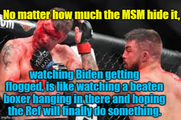 Biden the Beaten Boxer. | No matter how much the MSM hide it, YARRA MAN; watching Biden getting flogged, is like watching a beaten boxer hanging in there and hoping the Ref will finally do something. | image tagged in boxer biden beaten | made w/ Imgflip meme maker