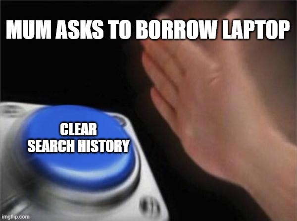 Blank Nut Button | MUM ASKS TO BORROW LAPTOP; CLEAR SEARCH HISTORY | image tagged in memes,blank nut button | made w/ Imgflip meme maker
