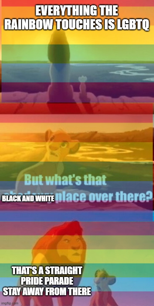 Simba Shadowy Place Meme | EVERYTHING THE RAINBOW TOUCHES IS LGBTQ; BLACK AND WHITE; THAT'S A STRAIGHT PRIDE PARADE STAY AWAY FROM THERE | image tagged in memes,simba shadowy place,lgbtq | made w/ Imgflip meme maker