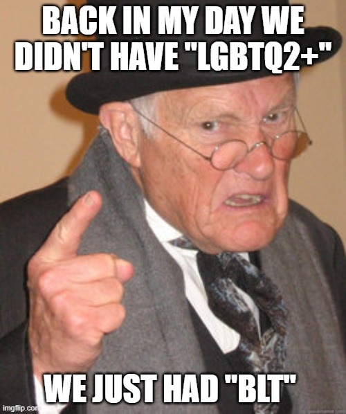 Sandwiches? | BACK IN MY DAY WE DIDN'T HAVE "LGBTQ2+"; WE JUST HAD "BLT" | image tagged in memes,back in my day | made w/ Imgflip meme maker