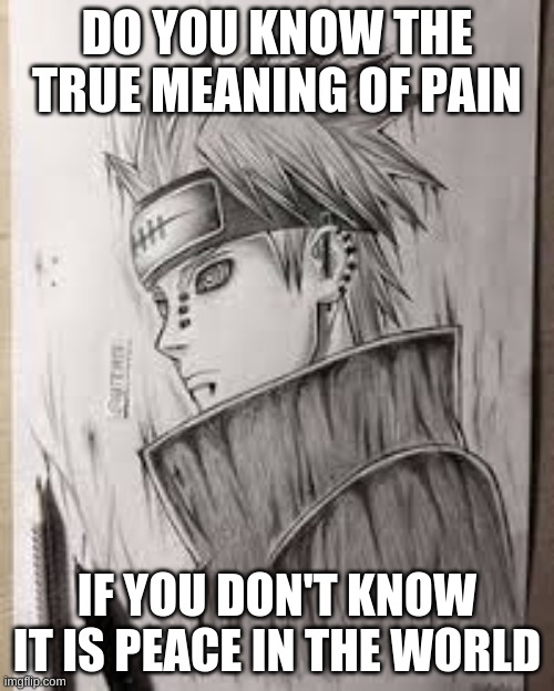 Pain | DO YOU KNOW THE TRUE MEANING OF PAIN; IF YOU DON'T KNOW IT IS PEACE IN THE WORLD | image tagged in naruto,fun,funny,anime | made w/ Imgflip meme maker