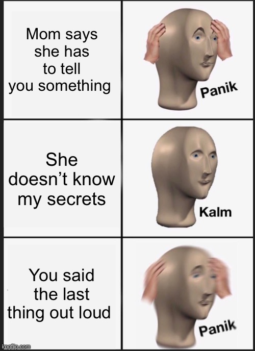 Panik Kalm Panik Meme |  Mom says she has to tell you something; She doesn’t know my secrets; You said the last thing out loud | image tagged in memes,panik kalm panik | made w/ Imgflip meme maker