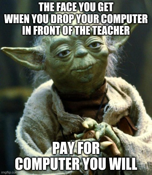 Star Wars Yoda Meme | THE FACE YOU GET WHEN YOU DROP YOUR COMPUTER IN FRONT OF THE TEACHER; PAY FOR COMPUTER YOU WILL | image tagged in memes,star wars yoda | made w/ Imgflip meme maker