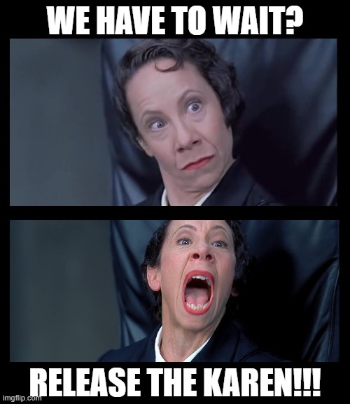 This "Karen" thing cracks me up | WE HAVE TO WAIT? RELEASE THE KAREN!!! | image tagged in frau farbissina,austin powers,karen,omg karen,waiting,funny | made w/ Imgflip meme maker