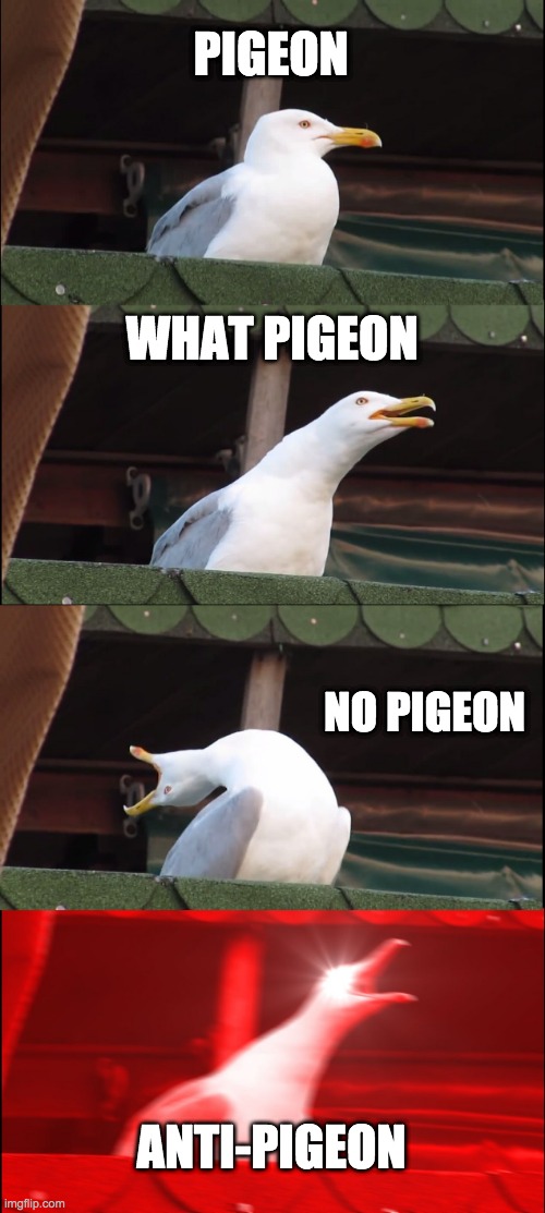 Inhaling Seagull Meme | PIGEON; WHAT PIGEON; NO PIGEON; ANTI-PIGEON | image tagged in memes,inhaling seagull | made w/ Imgflip meme maker