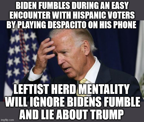 Joe Biden worries | BIDEN FUMBLES DURING AN EASY ENCOUNTER WITH HISPANIC VOTERS BY PLAYING DESPACITO ON HIS PHONE LEFTIST HERD MENTALITY 
WILL IGNORE BIDENS FUM | image tagged in joe biden worries | made w/ Imgflip meme maker