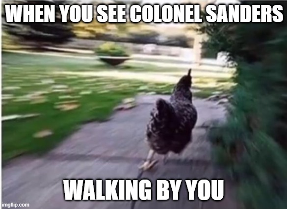 The chicken runner | WHEN YOU SEE COLONEL SANDERS; WALKING BY YOU | image tagged in the chicken runner | made w/ Imgflip meme maker