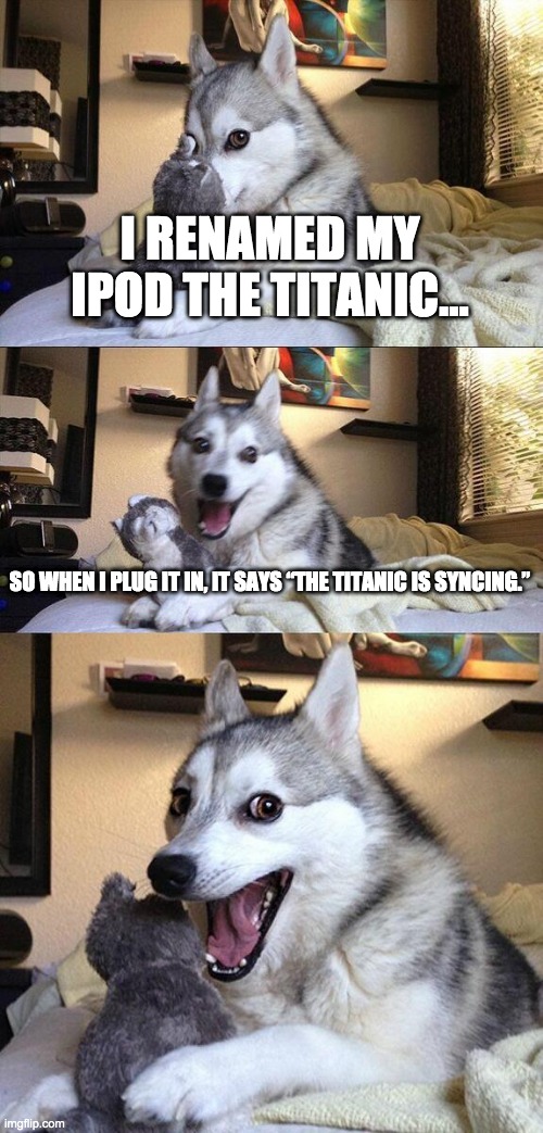 The Titanic Pun | I RENAMED MY IPOD THE TITANIC... SO WHEN I PLUG IT IN, IT SAYS “THE TITANIC IS SYNCING.” | image tagged in memes,bad pun dog,puns | made w/ Imgflip meme maker