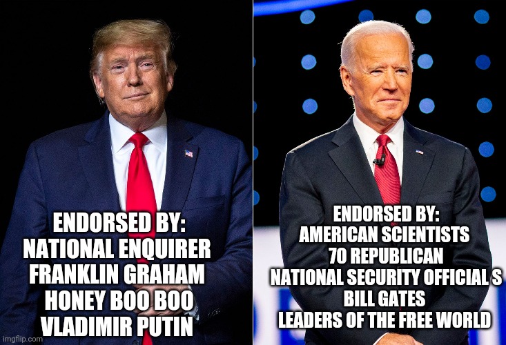 Biden and trump endorsements | ENDORSED BY:
AMERICAN SCIENTISTS 
70 REPUBLICAN NATIONAL SECURITY OFFICIAL S
BILL GATES 
LEADERS OF THE FREE WORLD; ENDORSED BY:
NATIONAL ENQUIRER 
FRANKLIN GRAHAM 
HONEY BOO BOO
VLADIMIR PUTIN | image tagged in joe biden,donald trump,trump supporters,trump sucks,election 2020,2020 elections | made w/ Imgflip meme maker