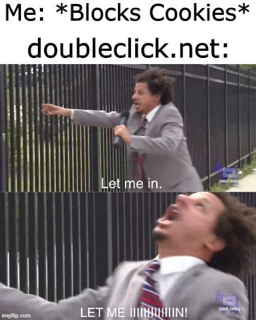 Haha, Ads go :((( | doubleclick.net:; Me: *Blocks Cookies* | image tagged in let me in | made w/ Imgflip meme maker