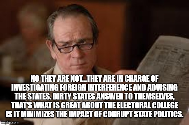 no country for old men tommy lee jones | NO THEY ARE NOT...THEY ARE IN CHARGE OF INVESTIGATING FOREIGN INTERFERENCE AND ADVISING THE STATES. DIRTY STATES ANSWER TO THEMSELVES, THAT' | image tagged in no country for old men tommy lee jones | made w/ Imgflip meme maker