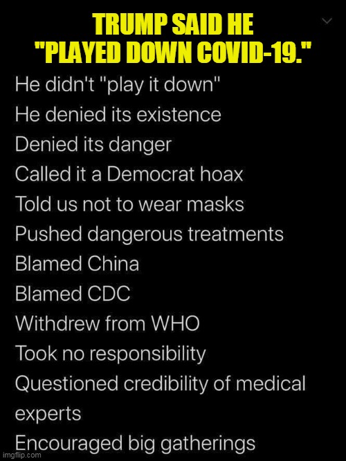 The most irresponsible, incompetent president in American History. And we've got the corpses to prove it. | TRUMP SAID HE "PLAYED DOWN COVID-19." | image tagged in trump,covid-19,coronavirus,pandemic,incompetence | made w/ Imgflip meme maker