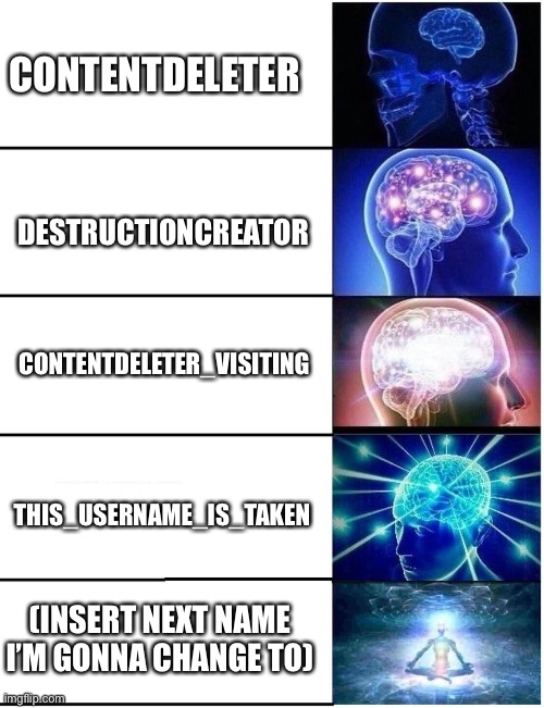 A short history of my most stupid but well known usernames | CONTENTDELETER; DESTRUCTIONCREATOR; CONTENTDELETER_VISITING; THIS_USERNAME_IS_TAKEN; (INSERT NEXT NAME I’M GONNA CHANGE TO) | image tagged in expanding brain 5 panel | made w/ Imgflip meme maker