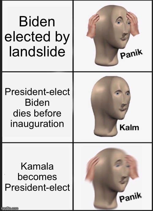 Right-wing thought process | Biden elected by landslide; President-elect Biden dies before inauguration; Kamala becomes President-elect | image tagged in memes,panik kalm panik | made w/ Imgflip meme maker