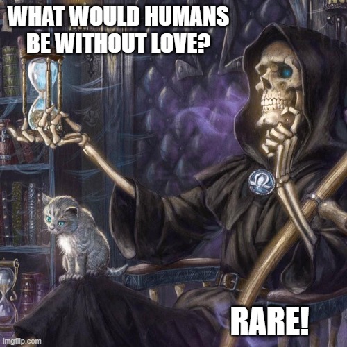 Death on Love | WHAT WOULD HUMANS BE WITHOUT LOVE? RARE! | image tagged in death,discworld,love,humans | made w/ Imgflip meme maker