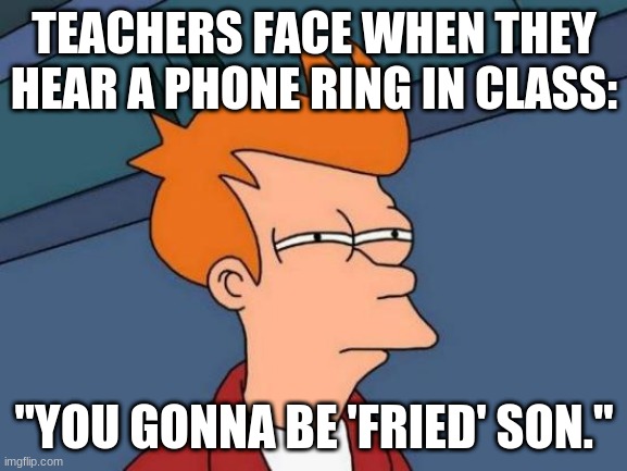 Teacher's back in 2018 | TEACHERS FACE WHEN THEY HEAR A PHONE RING IN CLASS:; "YOU GONNA BE 'FRIED' SON." | image tagged in memes,futurama fry | made w/ Imgflip meme maker