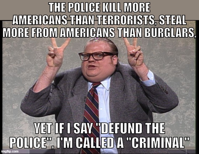 Defund the Police! | THE POLICE KILL MORE AMERICANS THAN TERRORISTS, STEAL MORE FROM AMERICANS THAN BURGLARS, YET IF I SAY "DEFUND THE POLICE", I'M CALLED A "CRIMINAL" | image tagged in chris farley quotes,police,police brutality,blue lives matter,conservatives,criminal justice | made w/ Imgflip meme maker