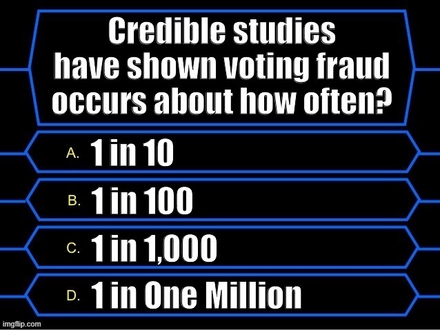 Hint: It happens at about the rate you'd expect for a harshly-punished felony that would never actually tip an election. | image tagged in who wants to be a millionaire voting fraud,voter fraud,voting,elections,election fraud,facts | made w/ Imgflip meme maker