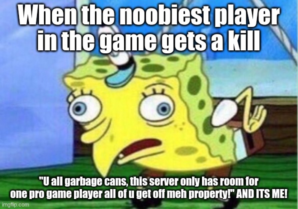 Mocking Spongebob | When the noobiest player in the game gets a kill; "U all garbage cans, this server only has room for one pro game player all of u get off meh property!" AND ITS ME! | image tagged in memes,mocking spongebob | made w/ Imgflip meme maker