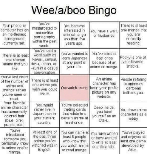 Weeaboo Bingo Blank Meme Template