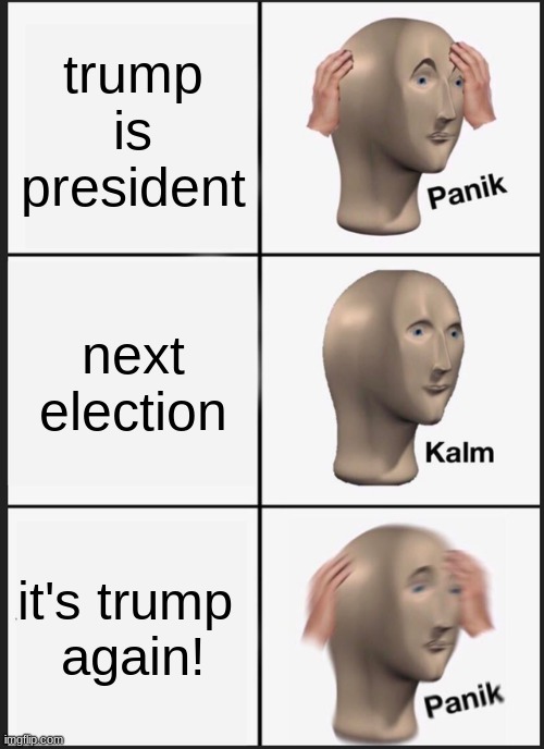 Panik Kalm Panik | trump is president; next election; it's trump 
again! | image tagged in memes,panik kalm panik | made w/ Imgflip meme maker