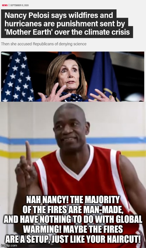 Global Warming does exist, but it's not the problem here! | NAH NANCY! THE MAJORITY OF THE FIRES ARE MAN-MADE, AND HAVE NOTHING TO DO WITH GLOBAL WARMING! MAYBE THE FIRES ARE A SETUP, JUST LIKE YOUR HAIRCUT! | image tagged in dikembe mutombo - no no no,memes,nancy pelosi,global warming,california fires,stupid liberals | made w/ Imgflip meme maker