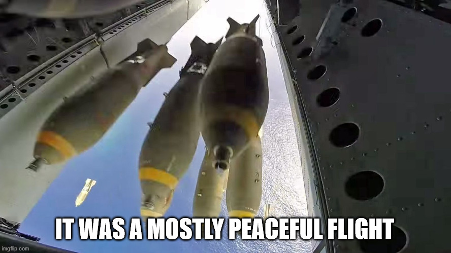 Bombs Away! | IT WAS A MOSTLY PEACEFUL FLIGHT | image tagged in mostly peaceful | made w/ Imgflip meme maker