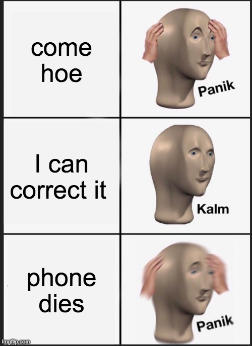 Panik Kalm Panik | come hoe; I can correct it; phone dies | image tagged in memes,panik kalm panik | made w/ Imgflip meme maker