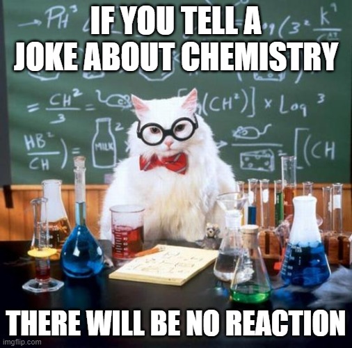 chemistry cat pun | IF YOU TELL A JOKE ABOUT CHEMISTRY; THERE WILL BE NO REACTION | image tagged in memes,chemistry cat | made w/ Imgflip meme maker