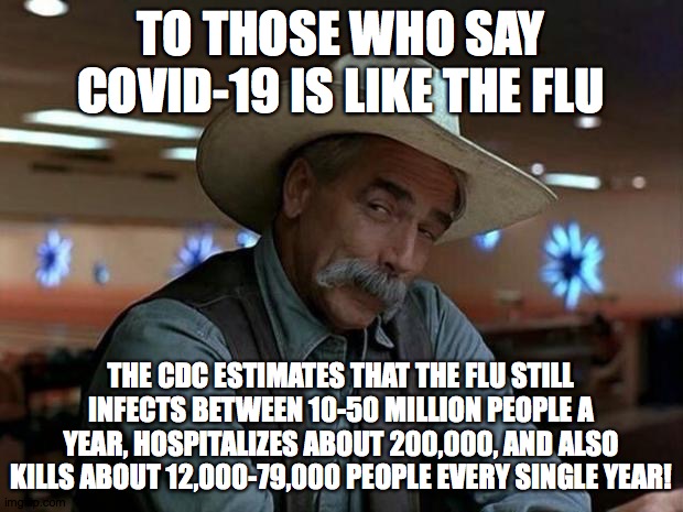 If COVID-19 was like the flu, you still need to be careful! Downplaying is never a good idea! | TO THOSE WHO SAY COVID-19 IS LIKE THE FLU; THE CDC ESTIMATES THAT THE FLU STILL INFECTS BETWEEN 10-50 MILLION PEOPLE A YEAR, HOSPITALIZES ABOUT 200,000, AND ALSO KILLS ABOUT 12,000-79,000 PEOPLE EVERY SINGLE YEAR! | image tagged in special kind of stupid,memes,politics,covid-19,flu | made w/ Imgflip meme maker